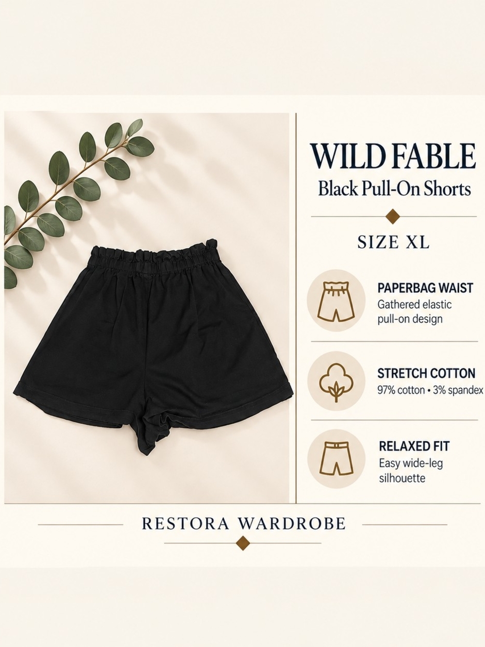 Wild Fable Pull-On Shorts Black Paperbag Waist Stretch Cotton XL Minimalist